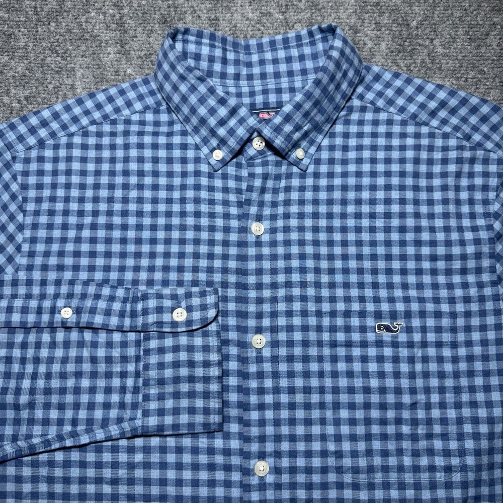 Vineyard Vines Classic Fit Tucker Shirt Men Medium L/S Blue Plaid Check Stretch